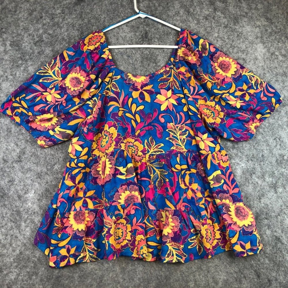 Terra Sky Top 2X Off Shoulder Bright Floral Boho Cottagecore Hippie Tiered Flowy